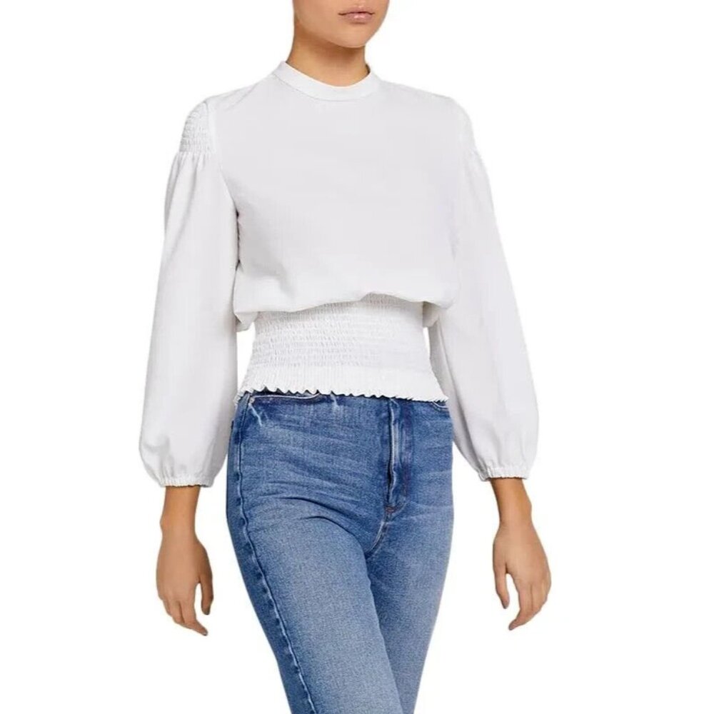 A.L.C Womens Pleated Smocked Long Sleeve Back Closure Crew Neck Top White Size 8